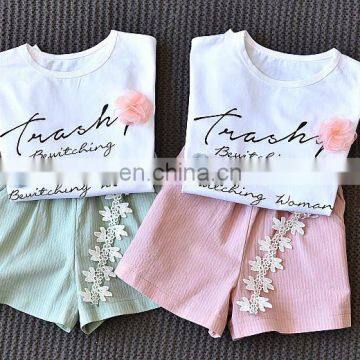 2019 New Designs Summer Children Clothes Sets Baby Girls Ruffle Sleeve Loose T-shirt With Flower Shorts 2pcs Suits photo-3