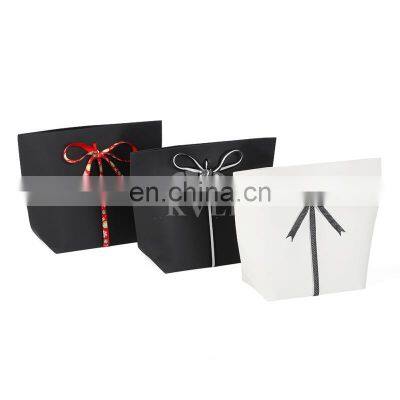 High Quality Die Cut Stone Hand Paper Bag With Decorative Ribbon Closure Cardboard Bags Without Handle White/black photo-3