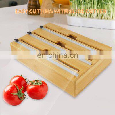 3 in 1 Bamboo Wall Mount Dispenser Wood Wrap Dispenser Kitchen Storage Drawers Organizer for Foil and Plastic Wrap With Cutter photo-2