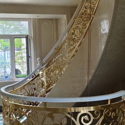 Curved Rotating Villa Stairs European Brass Engraved Sandblasted Gold-plated Handrails photo-5