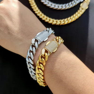 Pulsera De Acero Hombre Hip Hop Stainless Steel Luxury Cuban Jewelry CZ Diamond Bracelets photo-4