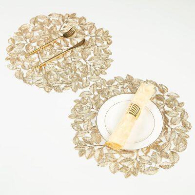 Flower Hollow Metallic Placemats Set of 6 Gold Leaf Round Placemats Non-Slip Wipeable Table Mats for Dinner,Party,Wedding Accent Centerpiece