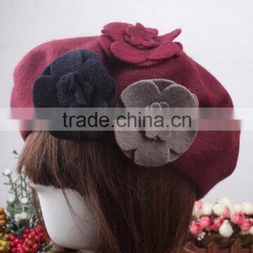 Wholesale Three Flowers Decorated Women Charm Elegant Wool Hat Beret