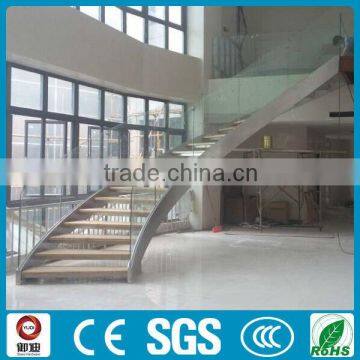 Curved Double stainlees steel stringer stairs with solid wood tread and glass railing