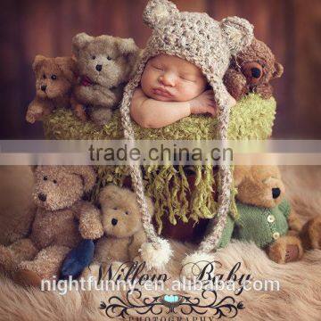 READY Baby Hat - Baby Bear Hat - Baby Boy Hat - Baby Girl Hat- 2 COLOR CHOICES Earflaps & Ties with pom pom's