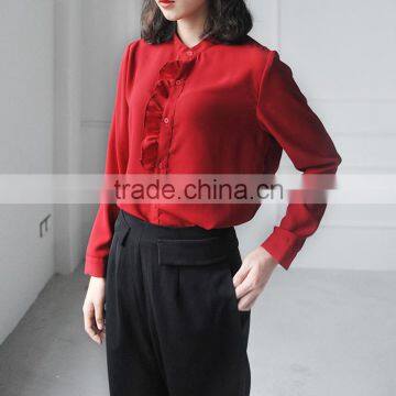 Women's Ruffle Flouncing Long Sleeve Solid Office Blouse Shirt Tops OEM ODM Type Clothing Factory Manufacturer From Guangzhou