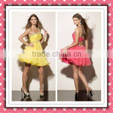 2012 New Arrival Stylish Sexy One-shoulder Open Back Yellow Pink Chiffon Cocktail Dress Party Dress MLC-129