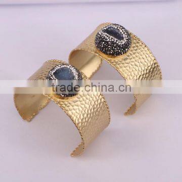 Fashion Metal Brass Gold Electroplated Bangles, Geode Agate Gem stone Bangles, with Pave Crystal Druzy Bangle