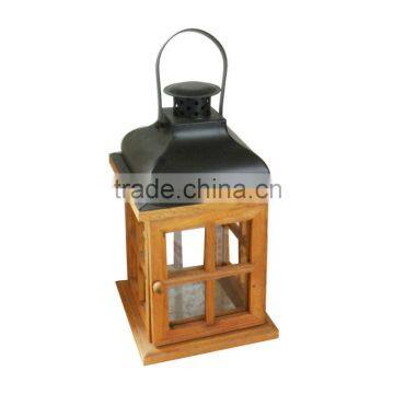 European Style Wooden Lantern With Metal Top Candle Holder photo-2