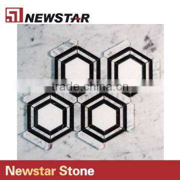 Newstar Polished Italian Black and White Marble Hexagon Mosaic Patterns Tile photo-2