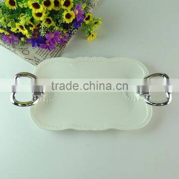 Stock Square White Porcelain Fruit Plate With Sliver Handle, Cheap Dinner Plate , Home Plate photo-2