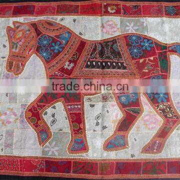 Indian Old Fabric Wall Decor With Horse Figure - Handworked Cotton Fabric Patchwork Wall Hanging Tapestry photo-2