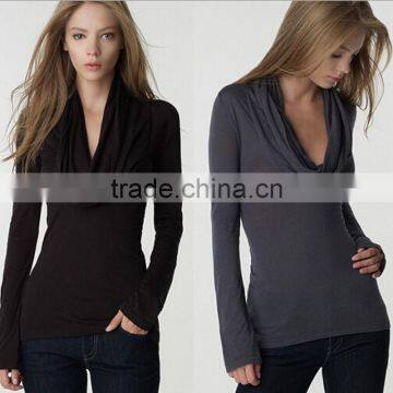 Women Sexy Solid Long Sleeve Cowl Neck Front Draped Jersey Knit Shirt Blouse Top