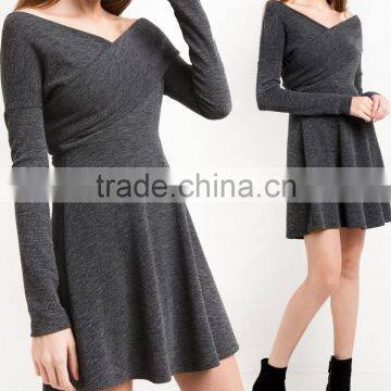 Grey Criss Cross Off The Shoulder Kint Fit And Flare Winter Women Dress Names Of Girls Dresses Wholesale Clothing Market HSD5691