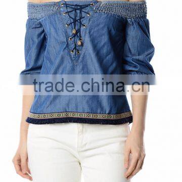 latest design off shoulder smocking chambray woman tops