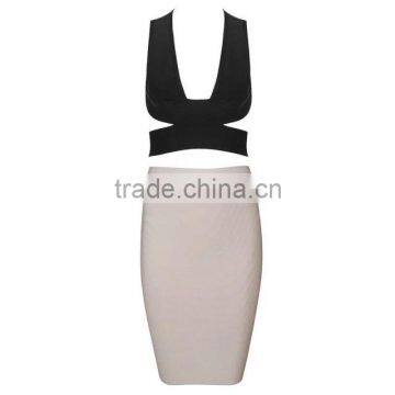 2015 New Summer Cirss-Cross Sexy Bodycon Knee Length Two Piece Bandage Dress Apricot/Black/White photo-4