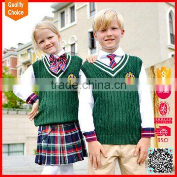 Children 100%cotton green colour sleeveless knitted school cardigan