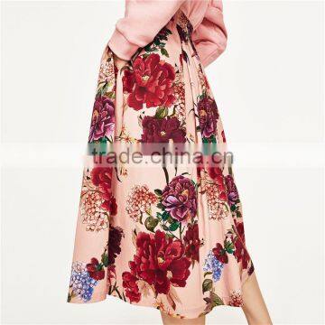 2017 OEM Spring Elegant Flower-printed Circle Skirt With Side Pockets photo-3