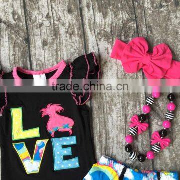 Baby Girls Summer Clothes Girls Children LOVE Troll Hair Outfits Kids Flutter Sleeve and Rainbow Shorts Outfits With Accessories photo-4