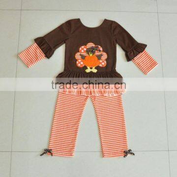 Best wholesale layered baby girl clothing set witn embroider turkey and fringe pants for thanksgiving day