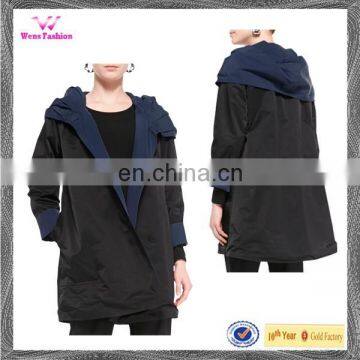 Polyester Fabric Black Hooded Contrast Rain Coat