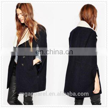 OEM women winter fashion coat black cape with faux-shearling lapels