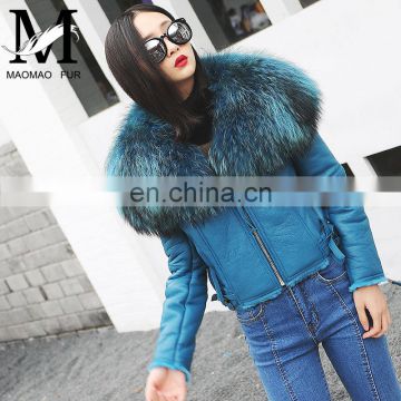 Best Quality Western Coat With Big Raccoon Fur Collar Winter Sheepskin Coat Women Fur