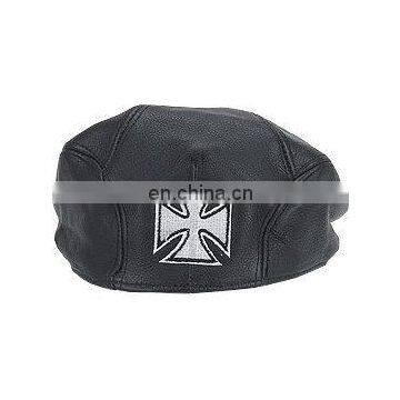 HMB-903B LEATHER CHOPPER GOLF CAP BLACK NEWSBOY HATS IRON CROSS