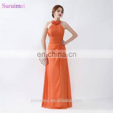 Orange Bridesmaid Dresses Floor Length Pleated Peach Color Chiffon On Sale Halter Bridesmaid Dresses photo-4