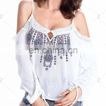 MIKA72070 Fashionable 100% Polyester Embroidery Ethnic Print Cut-out shoulders Tops Blouse