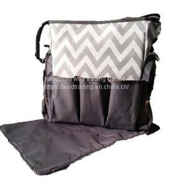 black diaper bag with chevron printed fabric