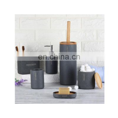 Polyresin Grey Sandy  Bathroom Accessory Set with Rubber wood Includes soap Dispenser Soap Dish Tumbler Toothbrush Holder