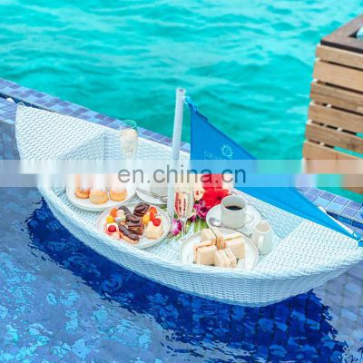 Vietnam Supplier Boat Shaped PE Rattan Floating Pool Tray Hotel Water Floating Breakfast Serving Tray