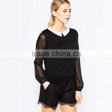 Black colour chiffon blouse design longsleeve women blouse 2016 in online