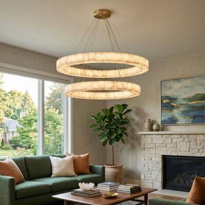 Natural Alabaster Round Ring LED Chandelier – Luxury Pendant