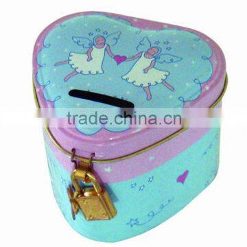 Heart shape tin box for money with lock