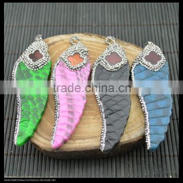 LFD-0030P ~ Wholesale Beautiful Mixed Color Snakeskin Wings Shape Pendants, With Paved Rhinestone Crystal Charm Necklace Pendan