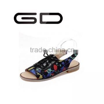 2015 Graffiti low heel sandals Strappy PU flat shoes for ladies Popular sandals footwear