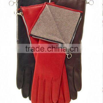 ladies wool lining long wrist color leather hand gloves with zipper