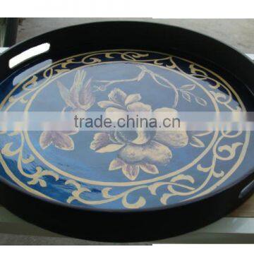 Best selling eco-friendly blue lacquer round wood serving tray