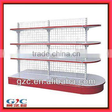 RED Popular Semi Round Double Sided Back Mesh Supermarket Shelf Center Gondola for Retail Stores