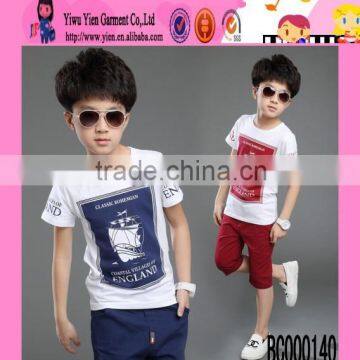 2015 Wholesale Sunshine Boy Printed Summer Set Factory Selling Cheaper Sport Style Handmade Children Clothes