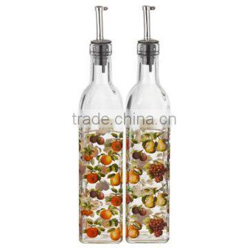 SINOGLASS 2 pcs 500ml square shape FRUITS DU MARCHE decal glass oil and vinegar bottle jar