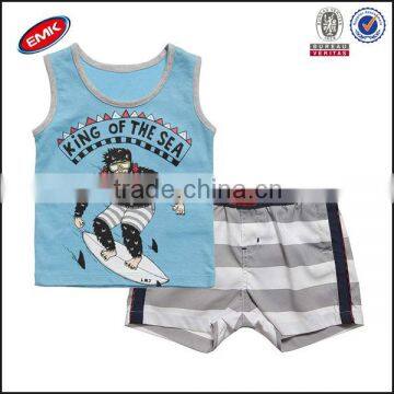 Comfortable Boys Clothes Set With Sleeveless Printed T Shirt And Stripe Shorts