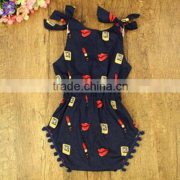 Wholesale Newborn Infant Baby Clothes Girl Romper Plain Custom Print Navy Dark Blue Onesie Pom Poms Lipstick Bubble Rompers photo-3