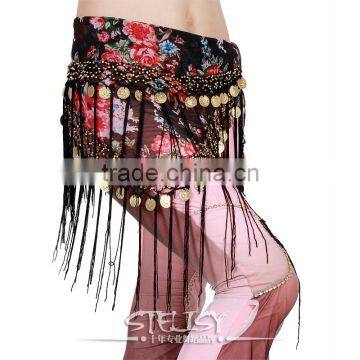 Cheaper price handmade printed hip scarf tribal two layer tassel black hip belt