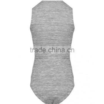 High Quality Women Grey Sleeveless Plunge Bodysuits V Neck Casual Bodysuits Fashionable Slub Cotton Tops photo-2