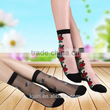 WS-45 Beautiful Women Lace Socks Crystal Glass Silk Short Thin Transparent Roses Flower Socks photo-3