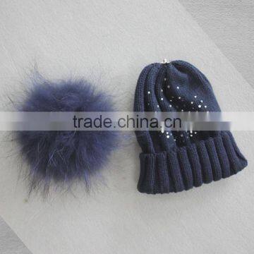 Myfur Navy Knitting Beanie Hat With Stones Real Raccoon Fur Ball Top For Teenager Boys