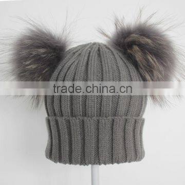 Myfur Dark Grey Wool Knitting Hat With Detachable Raccoon Fur Pom Poms photo-3